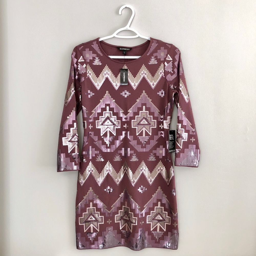 NWT EXPRESS Geometric Sequined Long Sleeve Dress